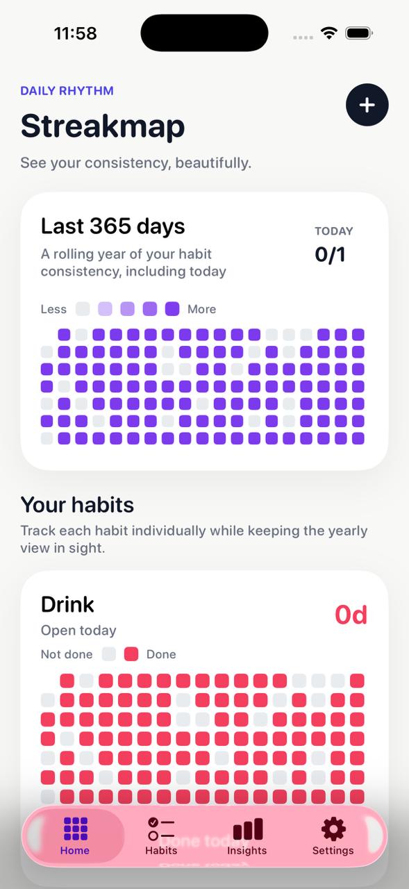 Streakmap home screen with yearly heatmap and habit cards